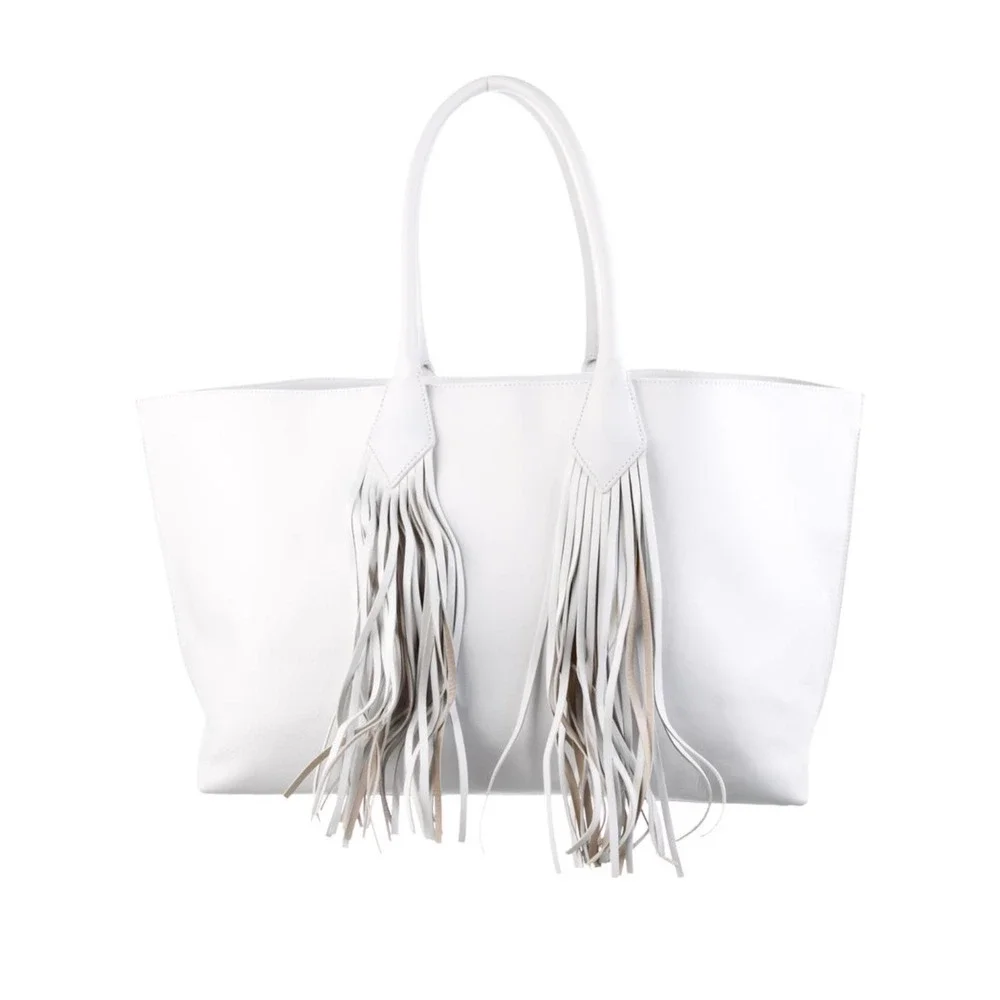 Sara Battaglia White Leather Fringe Tote Bag Designer Handbag‎ Purse